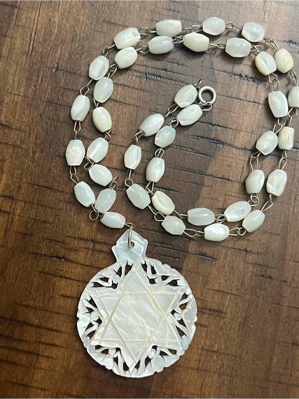 Vintage Mother of Pearl Beaded Necklace With Hand Carved Star of David